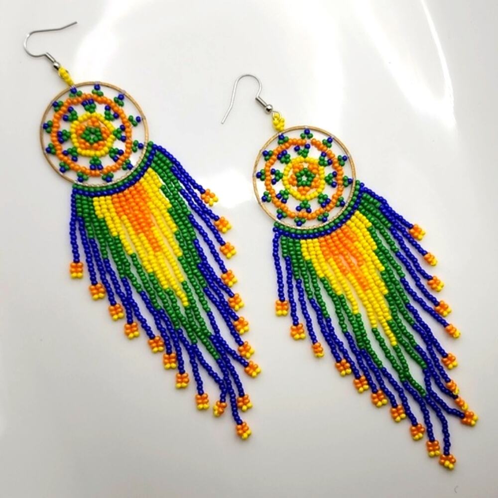 Beaded Mandala Boho Dangle Earrings - Picture 1 of 4